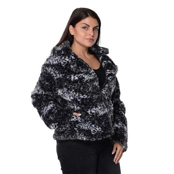 Leopard Print Faux Fur Long Sleeve Winter Coat (Size 57x60 Cm/ L-XL) - Black, White and Grey