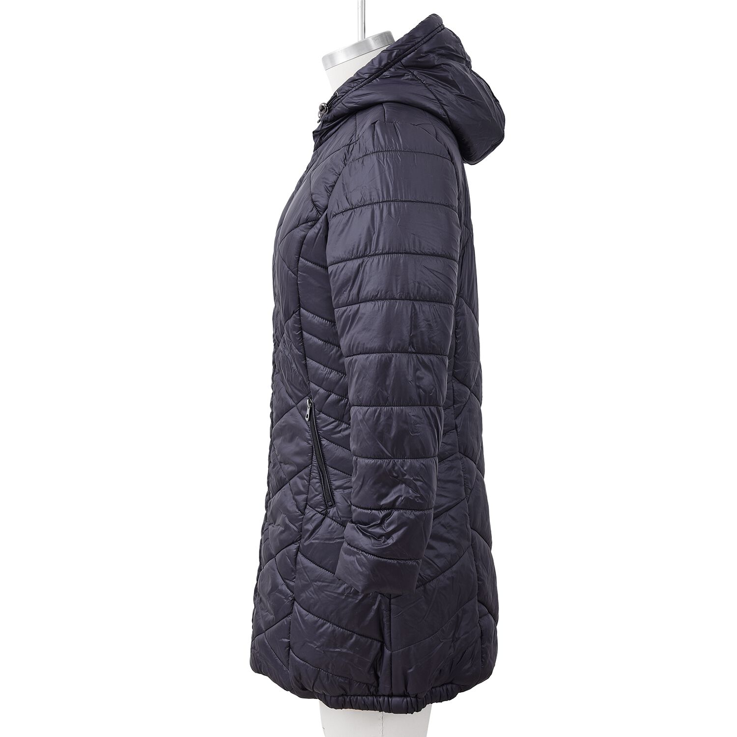 Solid Colour Women Long Puffer Coat with Two Zipper Pockets (Size XL 16 - 18) - Black