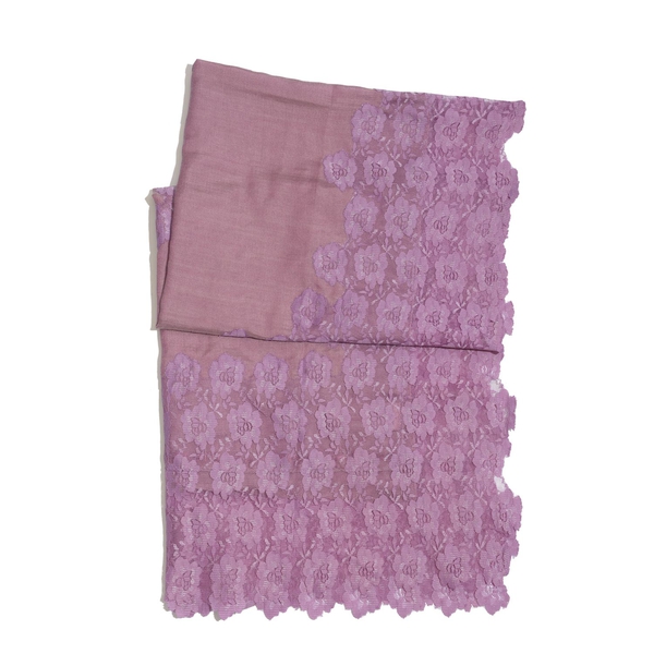 Hand Knitted - (50% Mulberry Silk and 50% Merino Wool) Purple Colour Scarf with Floral Lace Border (Size 170x75 Cm)