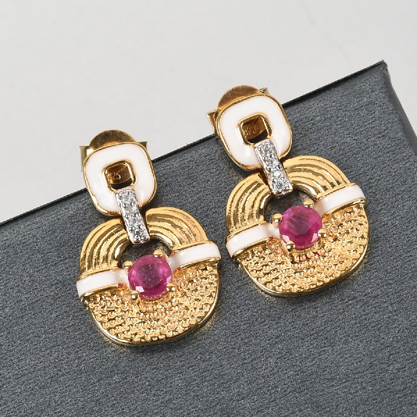 GP Art Deco Collection - African Ruby, Natural Cambodian Zircon and Kanchanaburi Blue Sapphire Earrings (with Push Back) in 14K Gold Overlay Sterling Silver 1.02 Ct.