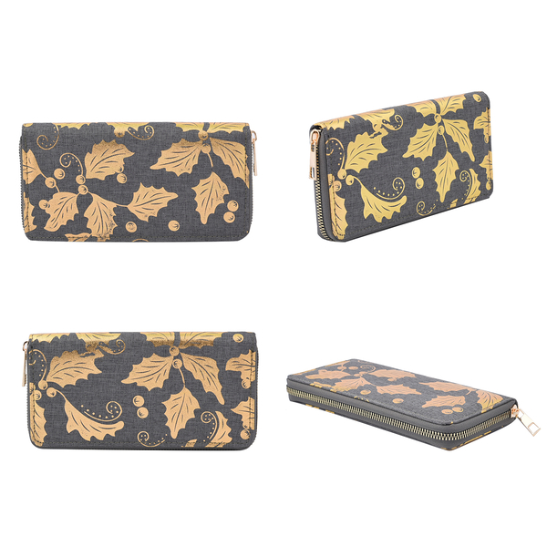 Set of 3 - Golden Leaves Pattern Jute Wallet with Zipper Closure (Size 20x10x2Cm, 15x10x2Cm & 11x9x2Cm) - Grey