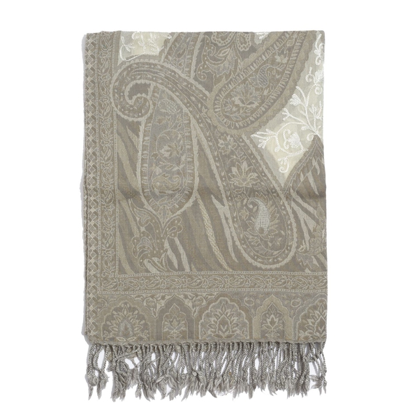Hand Embroidered100% Merino Wool Paisley Pattern Cream and Chocolate Colour Shawl (Size 180x65 Cm)