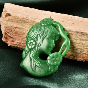 Carved Green Jade Cameo Pendant in Rhodium Overlay Sterling Silver 95.00 Ct.