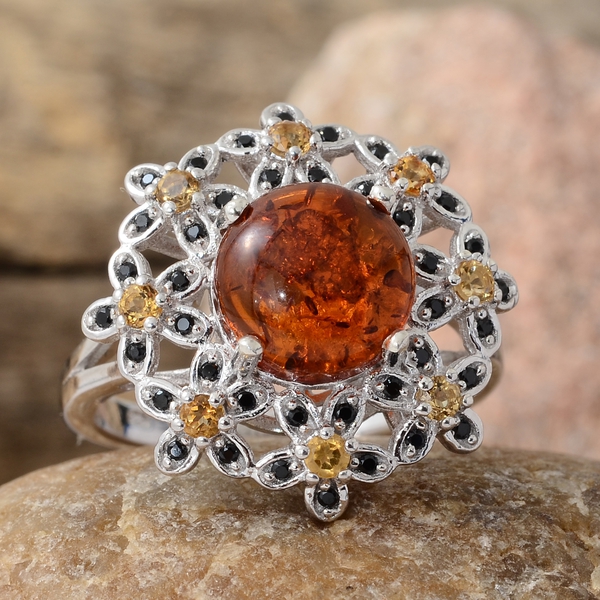 Baltic Amber (Rnd 1.50 Ct), Boi Ploi Black Spinel and Citrine Flower Ring in Platinum Overlay Sterling Silver 2.250 Ct. Silver wt 5.61 Gms.