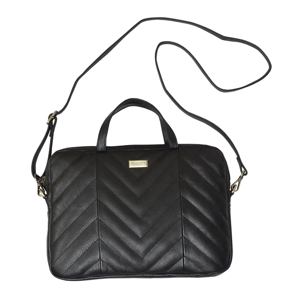 ASSOTS LONDON Maya 100% Genuine Leather Quilted Pattern Laptop Bag with Detachable Shoulder Strap (Size 34x25x3 Cm) - Black