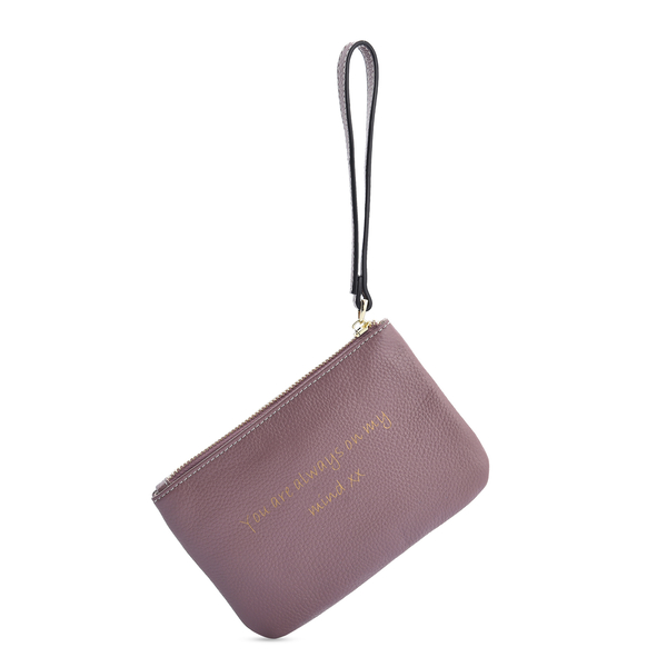 100% Genuine Leather Alphabet E RFID Protected Wristlet with Engraved Message on Back Side (Size 18x12 Cm) - Purple