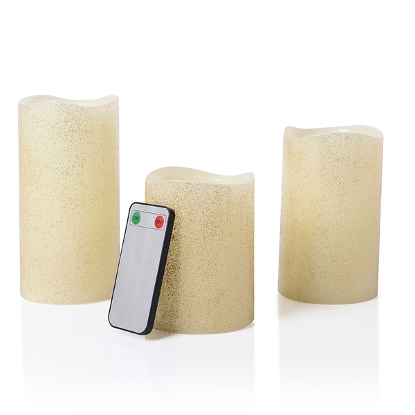 Set of 3 - Golden Colour Flameless Glitter Wax Candles with a Remote Control (Size 7.6x15/ 7.6x12/ 7