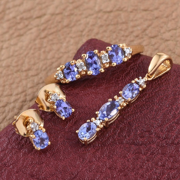 Tanzanite (Ovl), Diamond Ring, Pendant and Stud Earrings (with Push Back) in 14K Gold Overlay Sterling Silver 1.530 Ct.