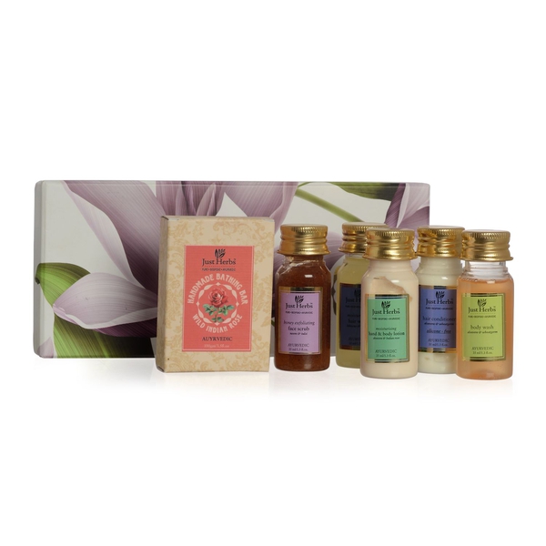 (Option 3) - Just Herbs Honey Exfloiating Face Scrub (35 ml), Body Wash (35 ml), Hand and Body Lotion (35 ml), Hair Conditioner (35 ml), Hair Wash, Soap (100 Gm)