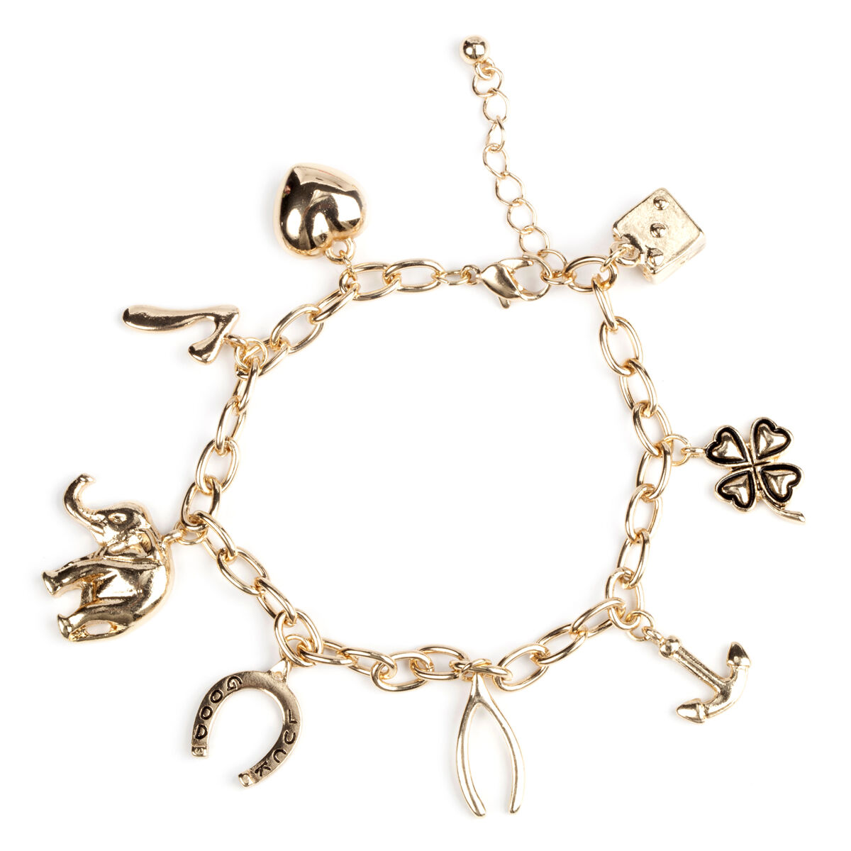 Good Luck Charm Bracelet (Size 7 with Extender) in Gold Tone