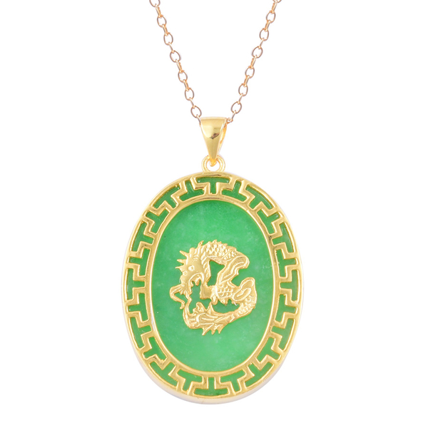 Green Jade Royal Chinese Dragon Design Pendant With Chain in 14K Gold Overlay Sterling Silver 24.000