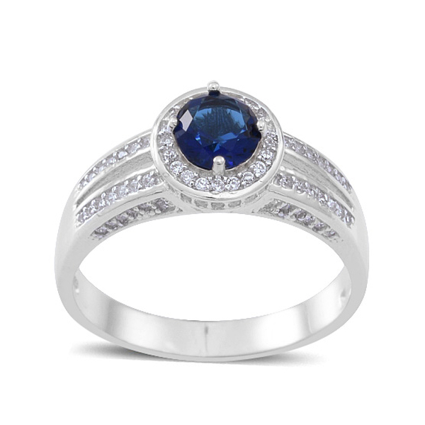 ELANZA AAA Simulated Blue Sapphire (Rnd), Simulated White Diamond Ring in Rhodium Plated Sterling Si
