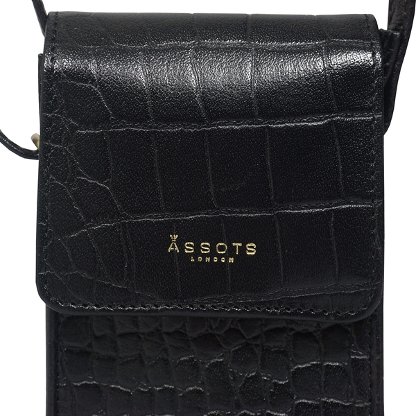 ASSOTS LONDON Tracy 100% Genuine Leather Croc Pattern Mobile Crossbody Bag with Shoulder Strap (Size 20x10x4 Cm) - Black
