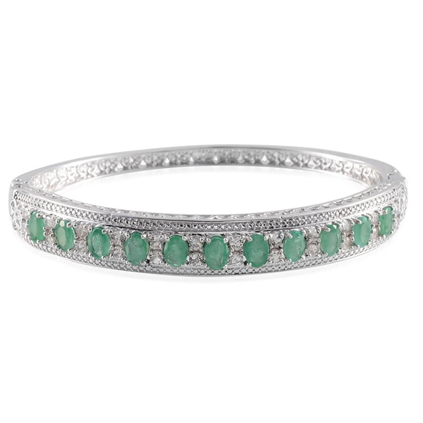 Kagem Zambian Emerald (Ovl), White Topaz Bangle (Size 7.5) in Platinum Overlay Sterling Silver 6.000