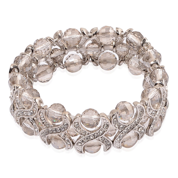 Simulated Grey Moonstone and White Austrian Crystal Stretchable Bracelet (Size 7.5) in Silver Tone