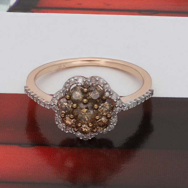 9K Rose Gold SGL Certified Natural Champagne Diamond (I3) and White Diamond (I3/G-H) Floral Ring 1.00 Ct.