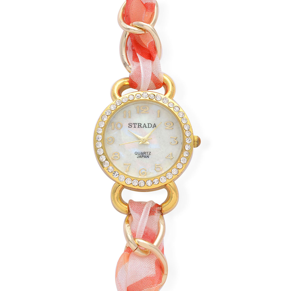 STRADA Japanese Movement MOP Dial White Austrian Crystal Watch in Gold Tone with Pink Strap