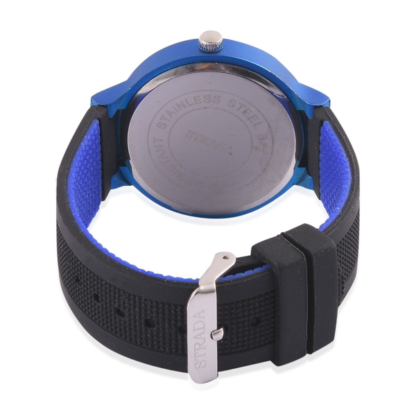 STRADA Japanese Movement Black Dial Water Resistant Watch in Silver Tone with Stainless Steel Back and Blue and Black Silicone Strap