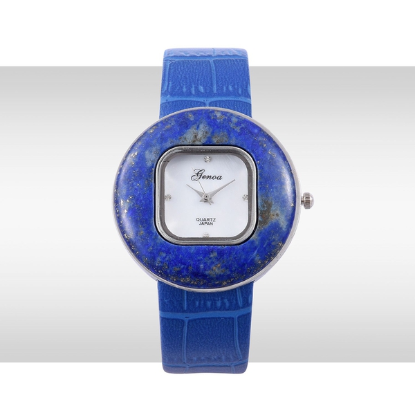 GENOA Japanese Movement White Austrian Crystal Studded White Dial Lapis Lazuli Water Resistant Watch in Silver Tone With Stainless Steel Back and Blue Strap 25.000 Ct.