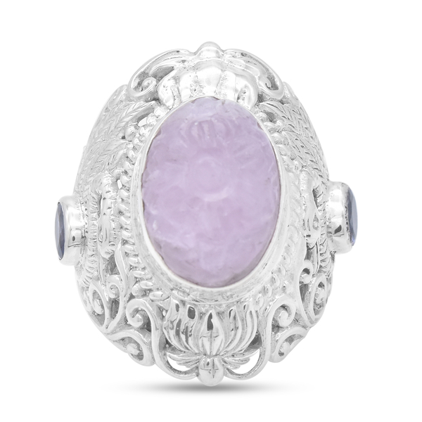 Royal Bali Collection - Carved Kunzite and Tanzanite Ring in Sterling Silver