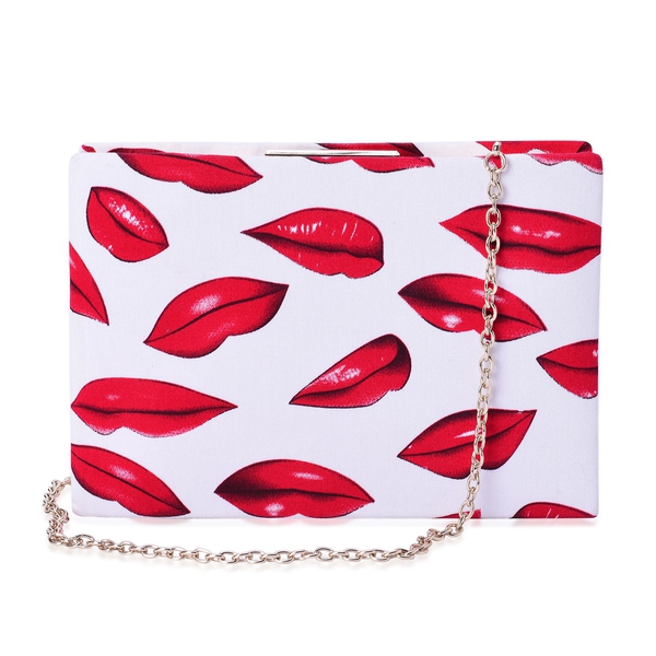 Designer Inspired Red Colour Lips Pattern White Colour Clutch Bag with Removable Chain Strap (Size 2