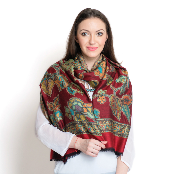 100% Superfine Modal Multi Colour Floral, Leaves and Paisley Pattern Burgundy and Orange Colour Jacq