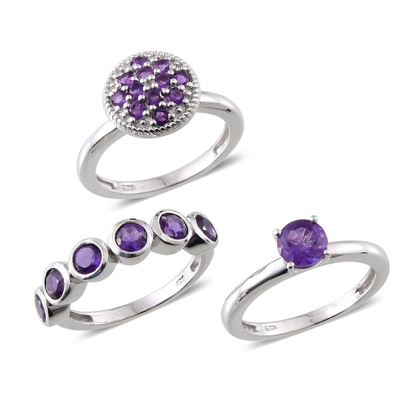 Set of 3 - Lusaka Amethyst (Rnd) Solitaire, Half Eternity and Cluster Ring in Platinum Overlay Sterl