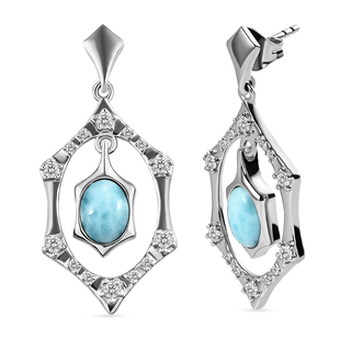 Larimar and Natural Cambodian Zircon Earrings in Platinum Overlay Sterling Silver 3.51 Ct, Silver Wt