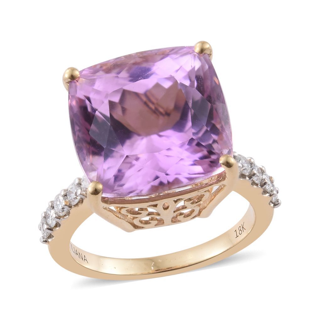 ILIANA 18K Yellow Gold AAA Kunzite (Cush), Diamond (SI-G-H) Ring 15.250 Ct.