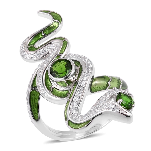 Limited Edition - Designer Inspired Chrome Diopside (Rnd), Natural White Cambodian Zircon Snake Ring
