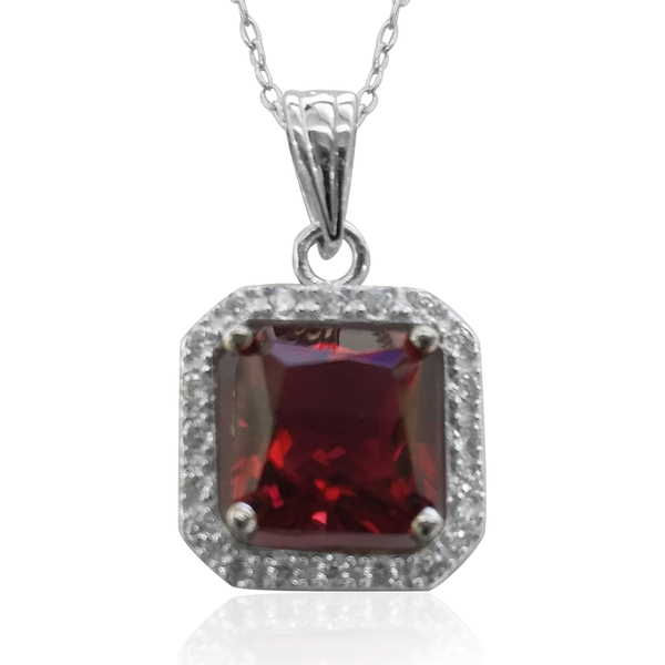 ELANZA AAA Simulated Ruby (Sqr), Simulated Diamond Pendant With Chain in Rhodium Plated Sterling Sil