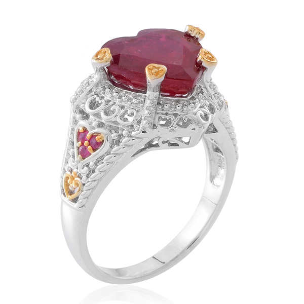 Designer Inspired - African Ruby (Hrt), Ruby Ring in Rhodium and 14K Gold Overlay Sterling Silver 8.350 Ct. Silver wt 6.45 Gms.