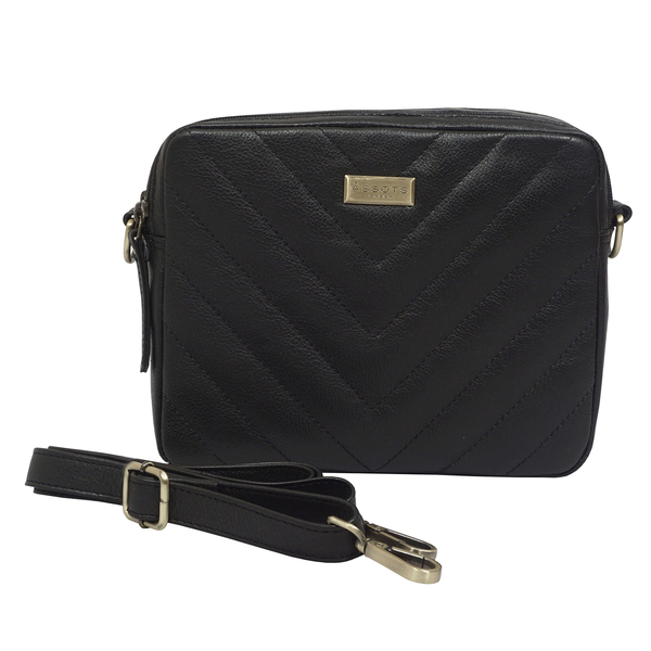 ASSOTS LONDON Iris 100% Genuine Leather Quilted Pattern Crossbody Bag with Detachable Shoulder Strap (Size 22x19x5 Cm) - Black