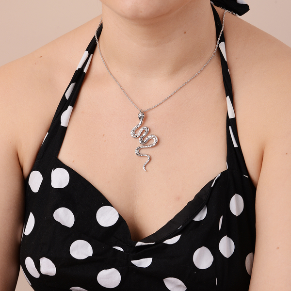 RACHEL GALLEY Venom Collection Black Spinel Snake Pendant with Chain (Size 30) in Rhodium Overlay Sterling Silver
