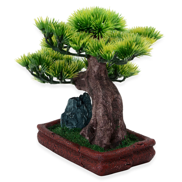 Home Decor - Bonsai Pine Tree with Goldstone and Resin Planted in Dark Red Rectangle Shape Base