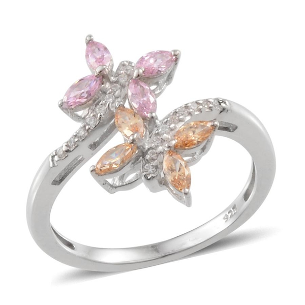 Lustro Stella - Platinum Overlay Sterling Silver (Mrq) Crossover Ring Made With Pink, Yellow and Whi