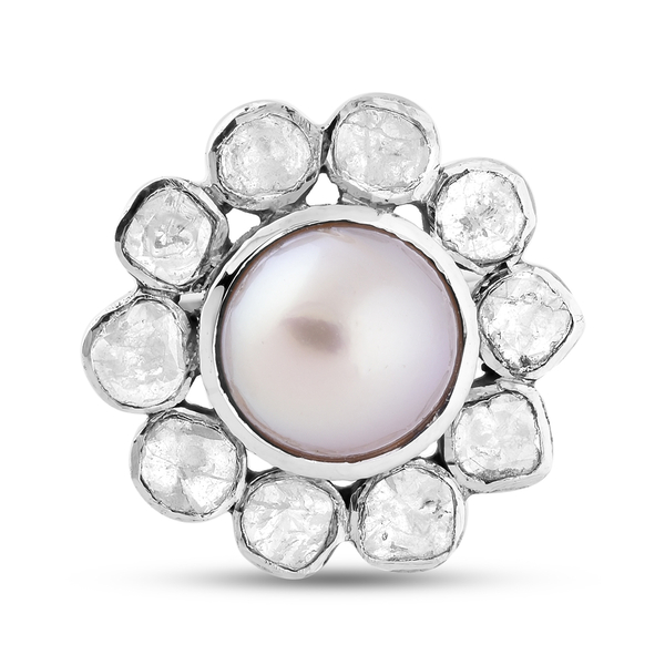 Artisan Crafted South Sea Pearl and Polki Diamond Ring in Platinum Overlay Sterling Silver, Silver w