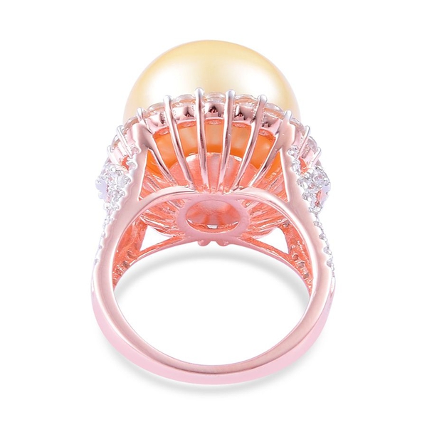 South Sea Golden Pearl (Rnd 22.25 Ct), White Zircon Ring in Rose Gold Overlay Sterling Silver 25.000 Ct.