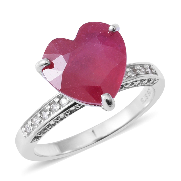 African Ruby (Hrt 8.15 Ct), Natural White Cambodian Zircon Ring in Rhodium Overlay Sterling Silver 8