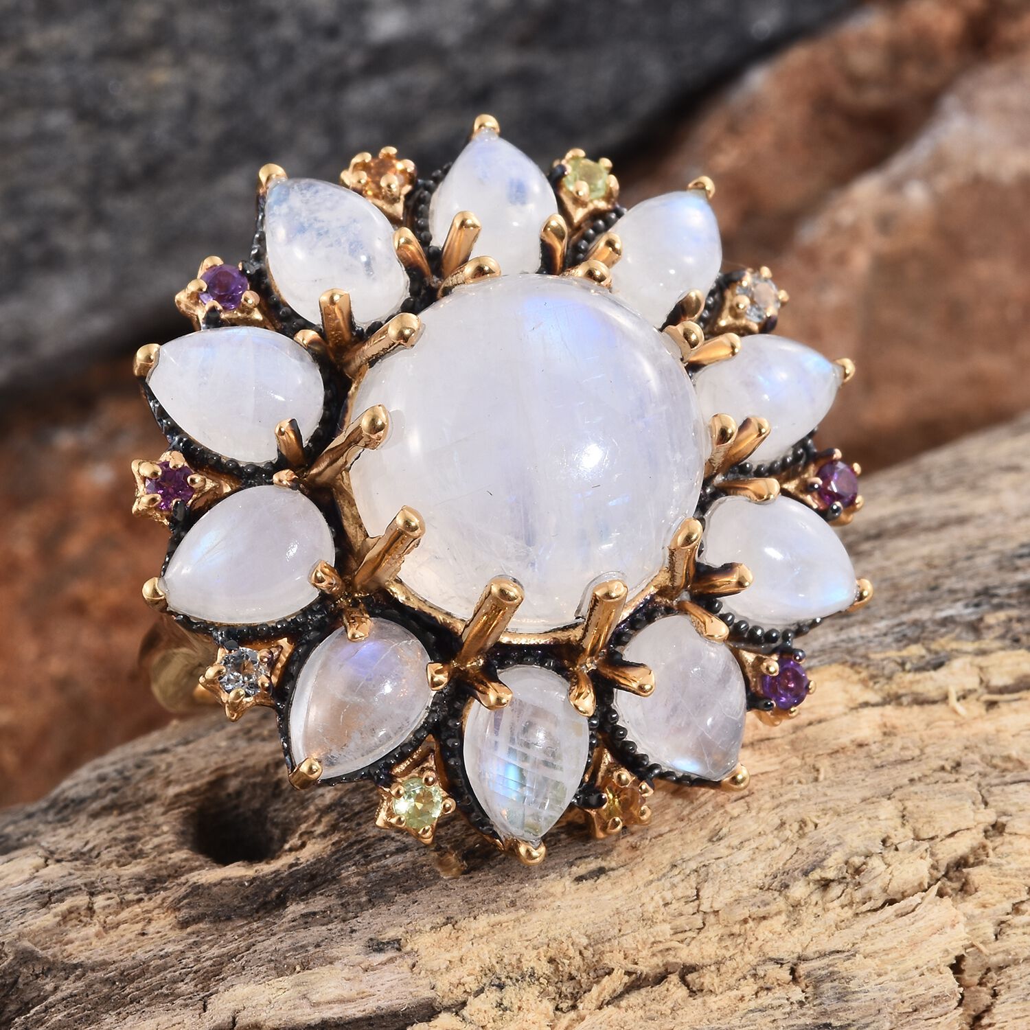 Sri Lankan Rainbow Moonstone (Rnd 10.40 Ct), Amethyst, Rhodolite Garnet and Multi Gemstone Floral Ring in Blue and 14K Gold Overlay Sterling Silver 20.000 Ct. Silver wt 8.70 Gms
