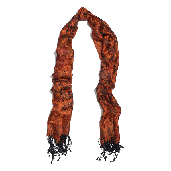 SILK MARK - 100% Superfine Silk Orange, Black and Multi Colour Jacquard Scarf with Fringes (Size 180x70 Cm) (Weight 125 - 140 Grams)