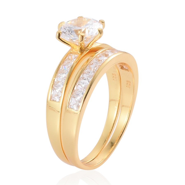 AAA Simulated White Diamond 2 Ring Set in Yellow Gold Plated Sterling Silver