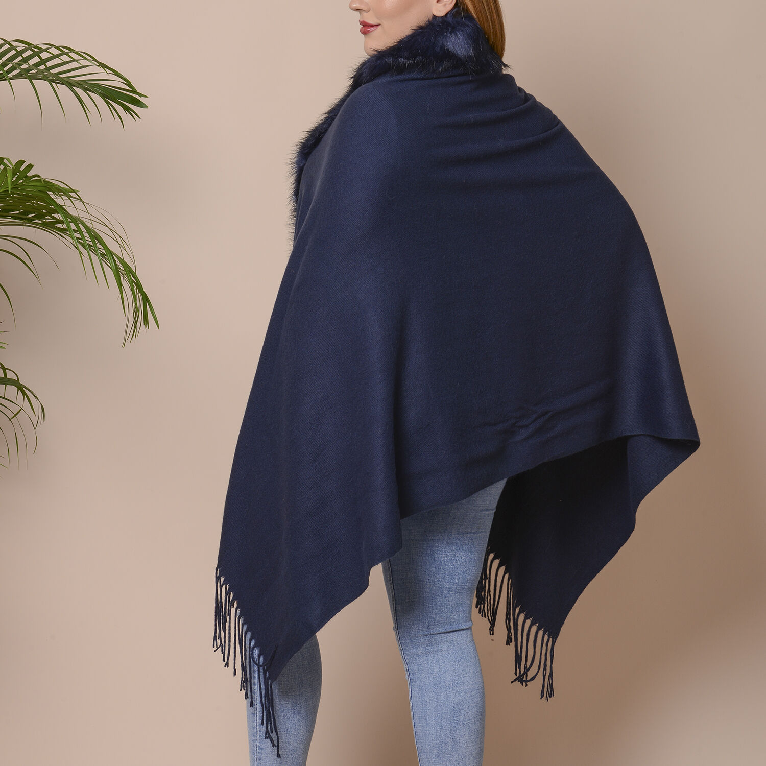 Designer Inspired Faux Fur Trimmed Cape - Navy Blue (One Size; 170x77+10cm)