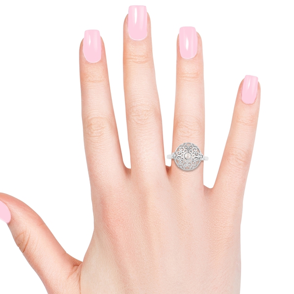 Secret-Treasure Ring Fresh Water Pearl (Rnd 6mm) Filigree Ball Ring in Platinum Overlay Sterling Silver