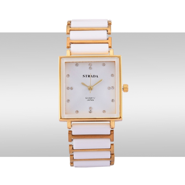STRADA Japanese Movement White Austrian Crystal Studded White Dial Water Resistant Watch in Gold Tone with Stainless Steel Back and White Ceramic and Gold Bond Strap