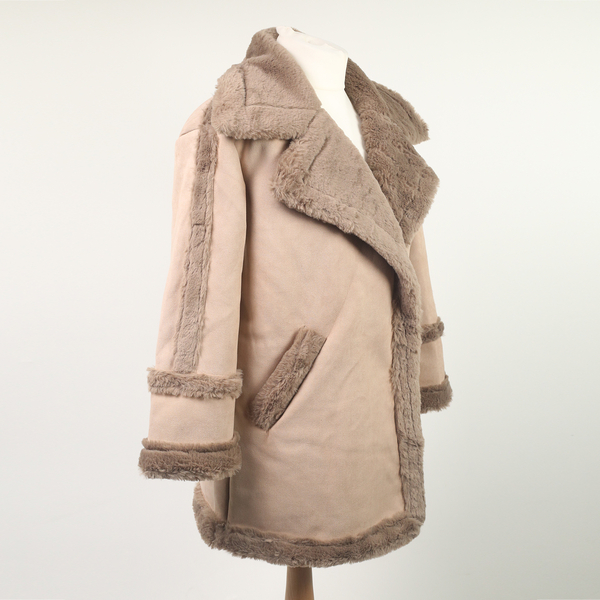 Urban Mist Faux Fur Suede Shearling Soft Fleece Lined Collar Coat with Pockets (Size: M, 10-12) (L: 72cm) - Beige