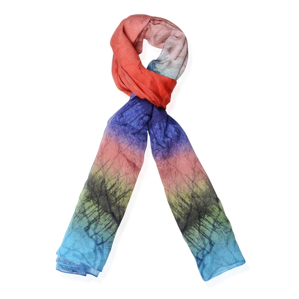 100% Silk Tree Pattern Red, Purple, Green and Blue Colour Scarf (Size 170x110 Cm)