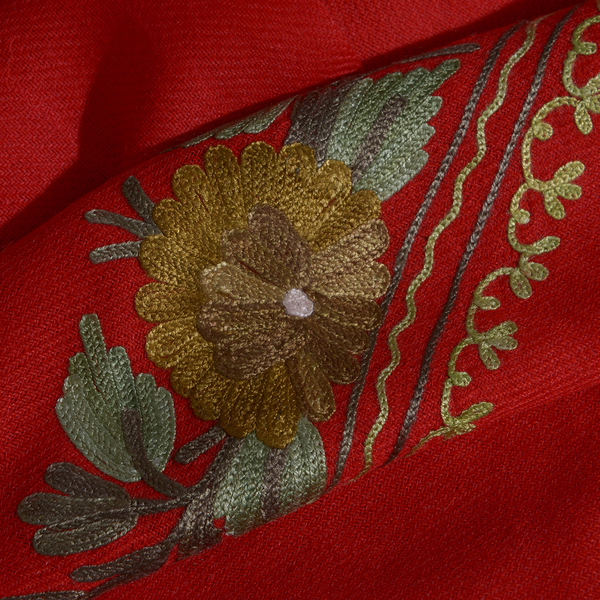 One Time Deal-100% Merino Wool Red Shawl with Cashmere Embroidery (Size 180X70 Cm)