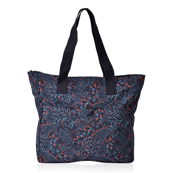 Red, Green and Multi Colour Leaves Pattern Black Colour Tote Bag With External Zipper Pocket (Size 37x35x10 Cm)