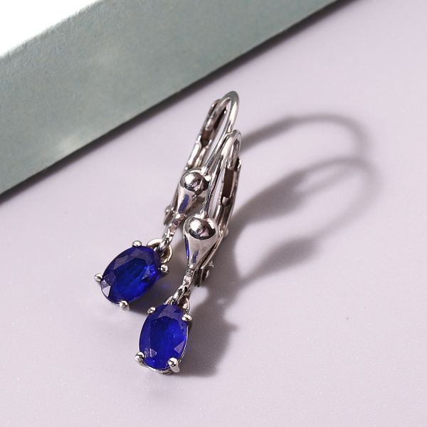 Blue Spinel Lever Back Earrings in Platinum Overlay Sterling Silver 1.03 Ct.